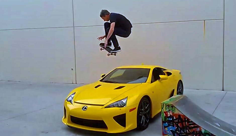 Tony Hawk jumps over Lexus LFA on skateboard