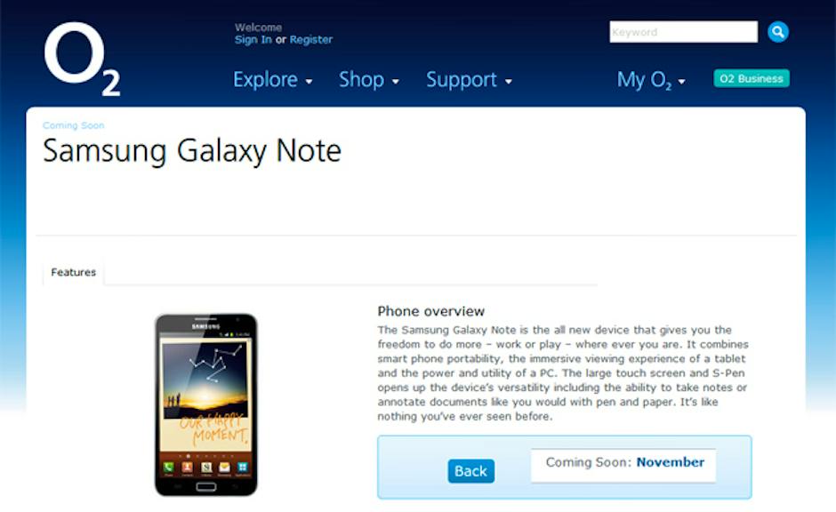 Samsung Galaxy Note finally pops up on O2 Coming Soon page | Recombu